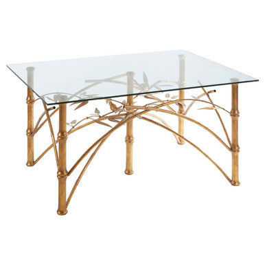 Gold Clear Tempered Glass Top Table With Bamboo Design Metal Legs, Zariah