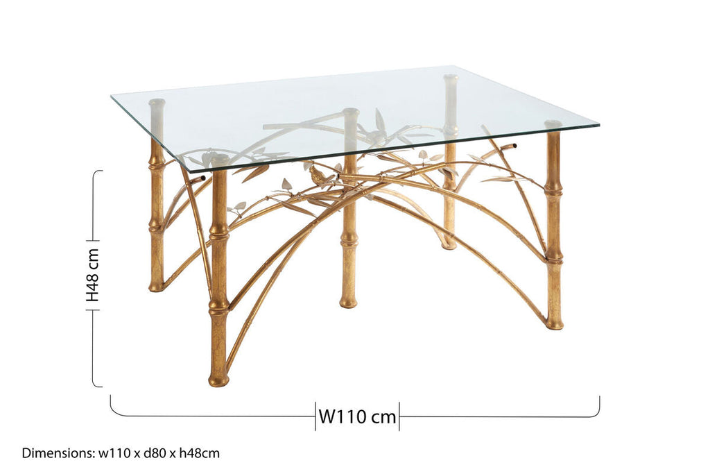 Gold Clear Tempered Glass Top Table With Bamboo Design Metal Legs, Zariah