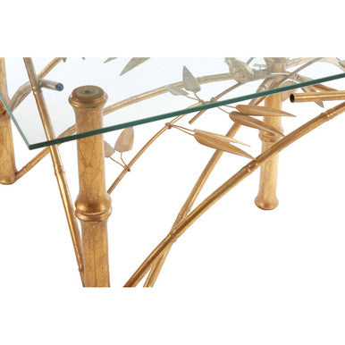Gold Clear Tempered Glass Top Table With Bamboo Design Metal Legs, Zariah