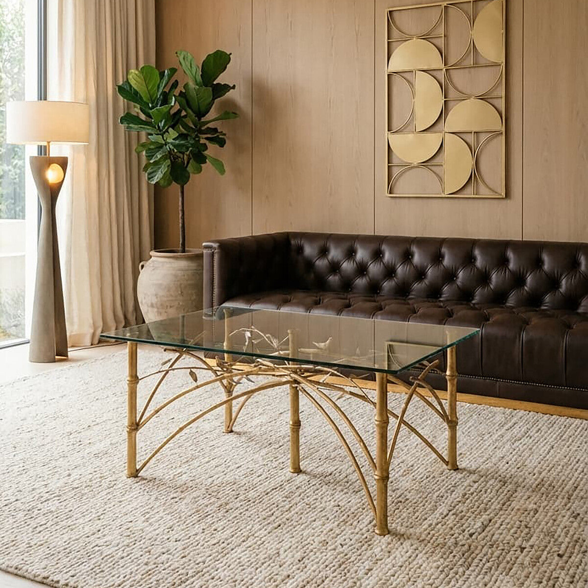 Gold Clear Tempered Glass Top Table With Bamboo Design Metal Legs, Zariah