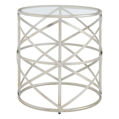 Silver Distressed Iron Side Table With Clear Tempered Glass Top, Rubia