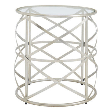 Silver Distressed Iron Side Table With Clear Tempered Glass Top, Rubia