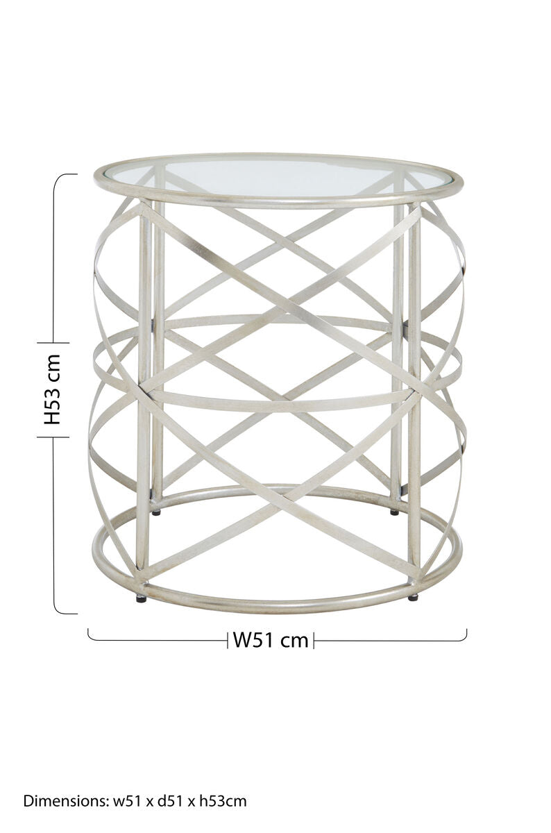 Silver Distressed Iron Side Table With Clear Tempered Glass Top, Rubia