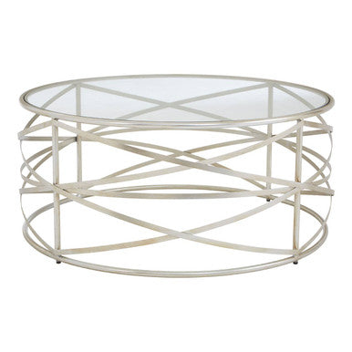 Silver Distressed Iron Coffee Table With Clear Tempered Glass Top, Rubia