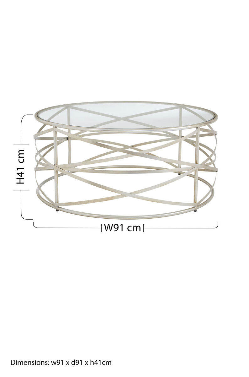 Silver Distressed Iron Coffee Table With Clear Tempered Glass Top, Rubia