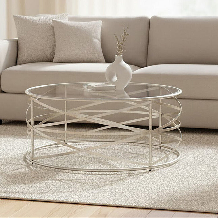 Silver Distressed Iron Coffee Table With Clear Tempered Glass Top, Rubia
