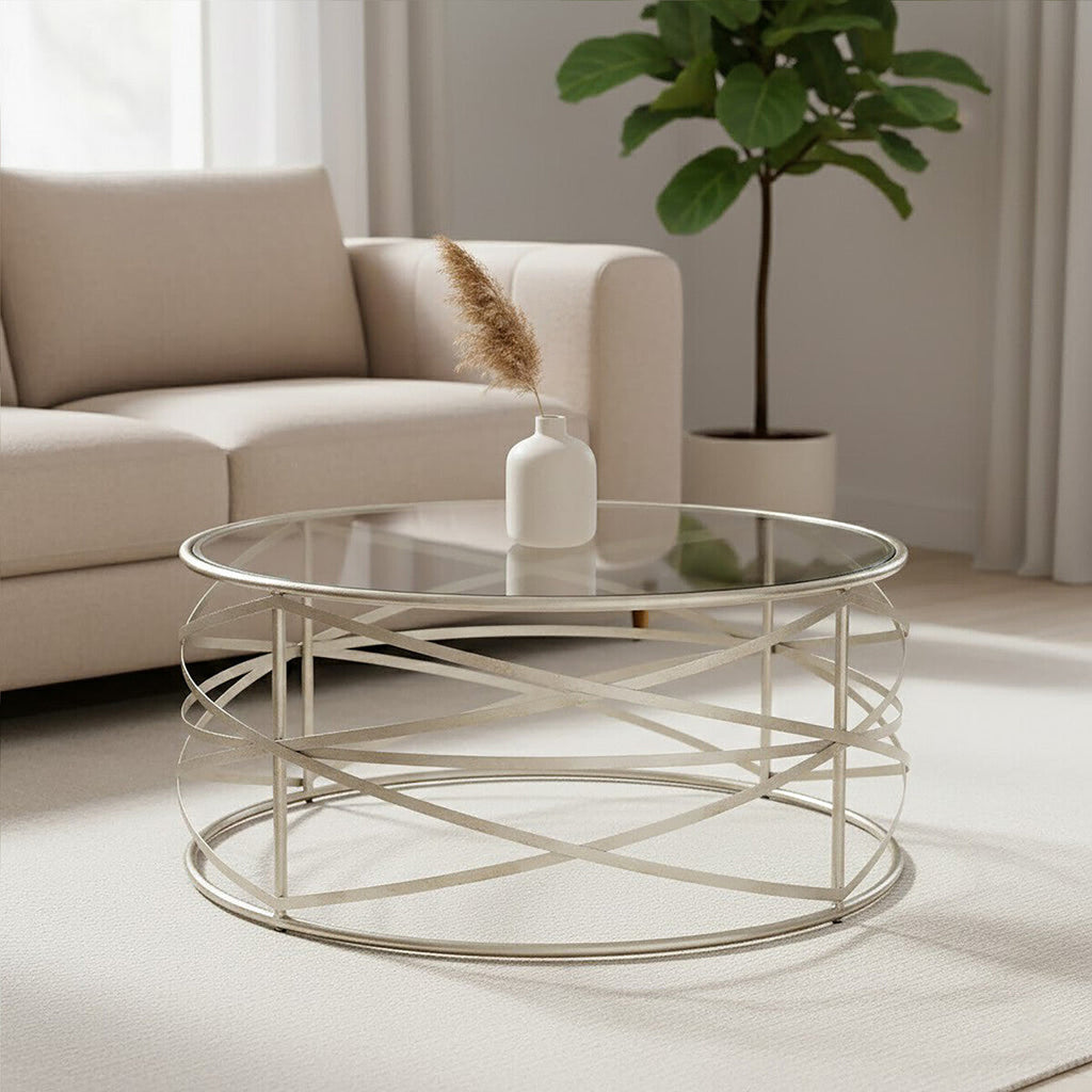 Silver Distressed Iron Coffee Table With Clear Tempered Glass Top, Rubia