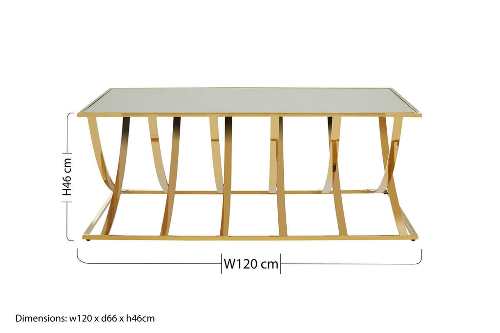 Mirrored Glass Top Coffee Table With Gold Stainless Steel Frame, Reena
