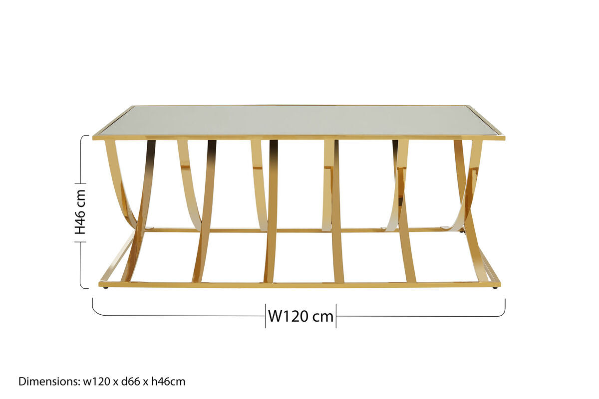Mirrored Glass Top Coffee Table With Gold Stainless Steel Frame, Reena