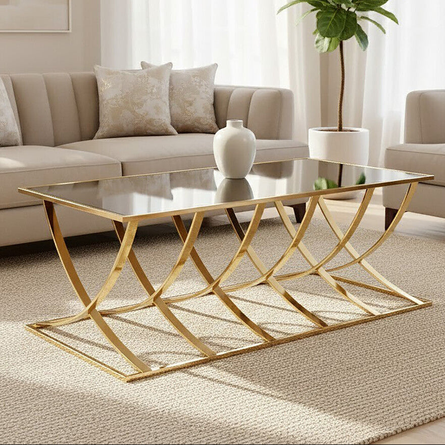Mirrored Glass Top Coffee Table With Gold Stainless Steel Frame, Reena