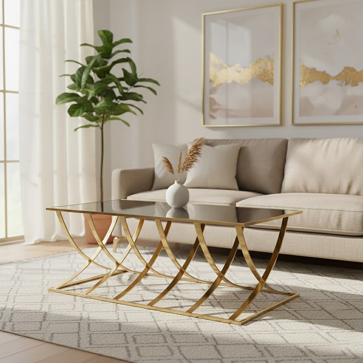 Mirrored Glass Top Coffee Table With Gold Stainless Steel Frame, Reena