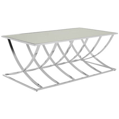 Silver Mirrored Top Coffee Table With Chrome Sweeping Stainless Steel Frame, Reena