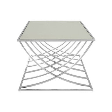 Silver Mirrored Top Coffee Table With Chrome Sweeping Stainless Steel Frame, Reena