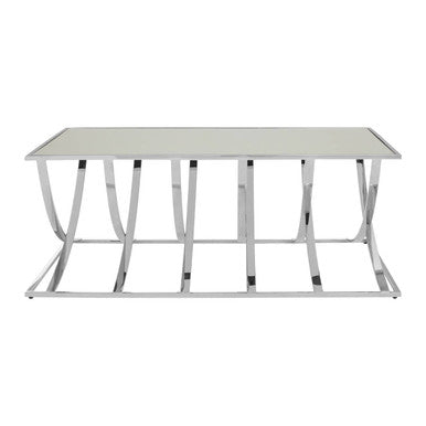 Silver Mirrored Top Coffee Table With Chrome Sweeping Stainless Steel Frame, Reena