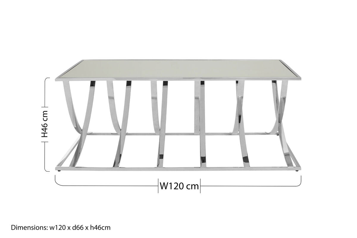 Silver Mirrored Top Coffee Table With Chrome Sweeping Stainless Steel Frame, Reena