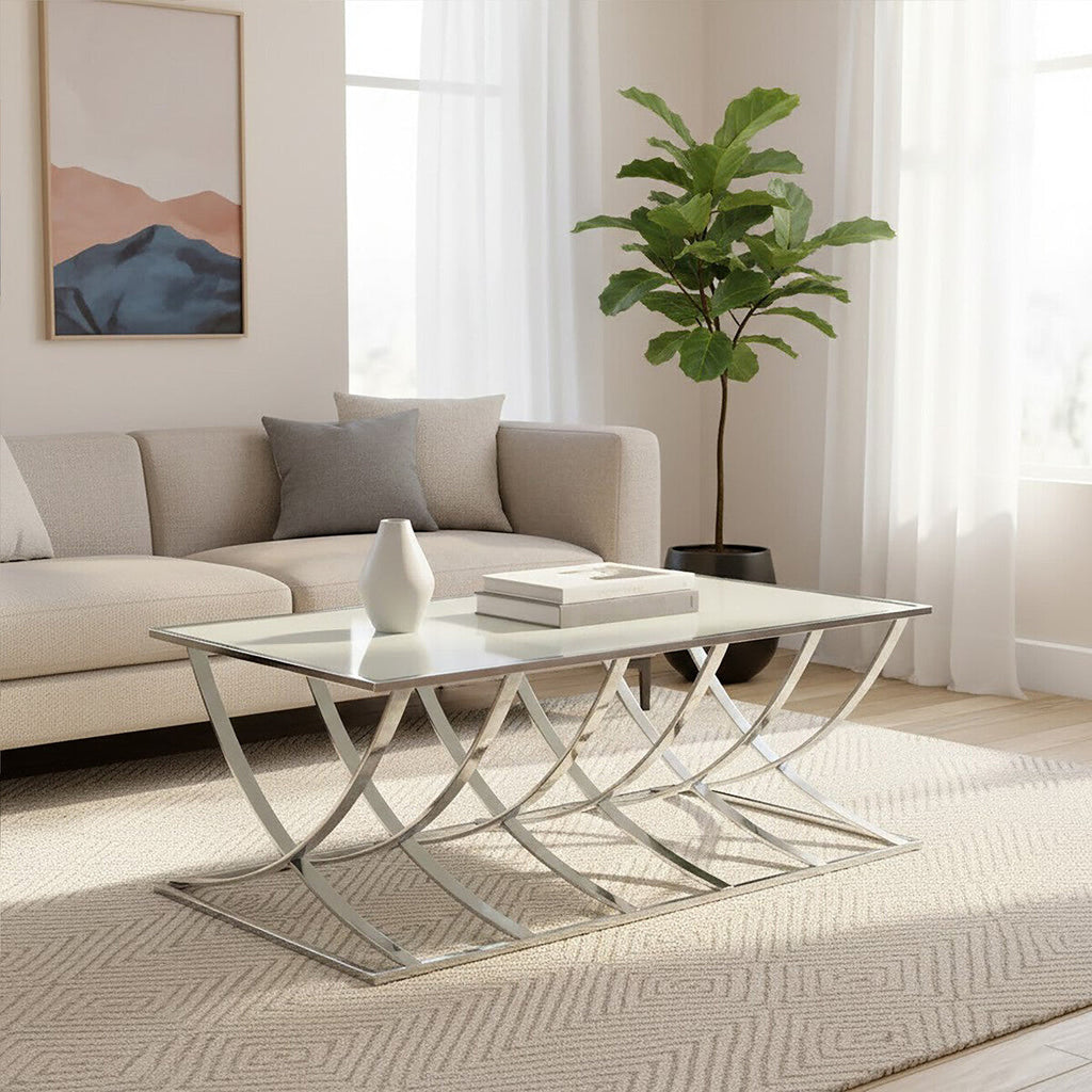 Silver Mirrored Top Coffee Table With Chrome Sweeping Stainless Steel Frame, Reena