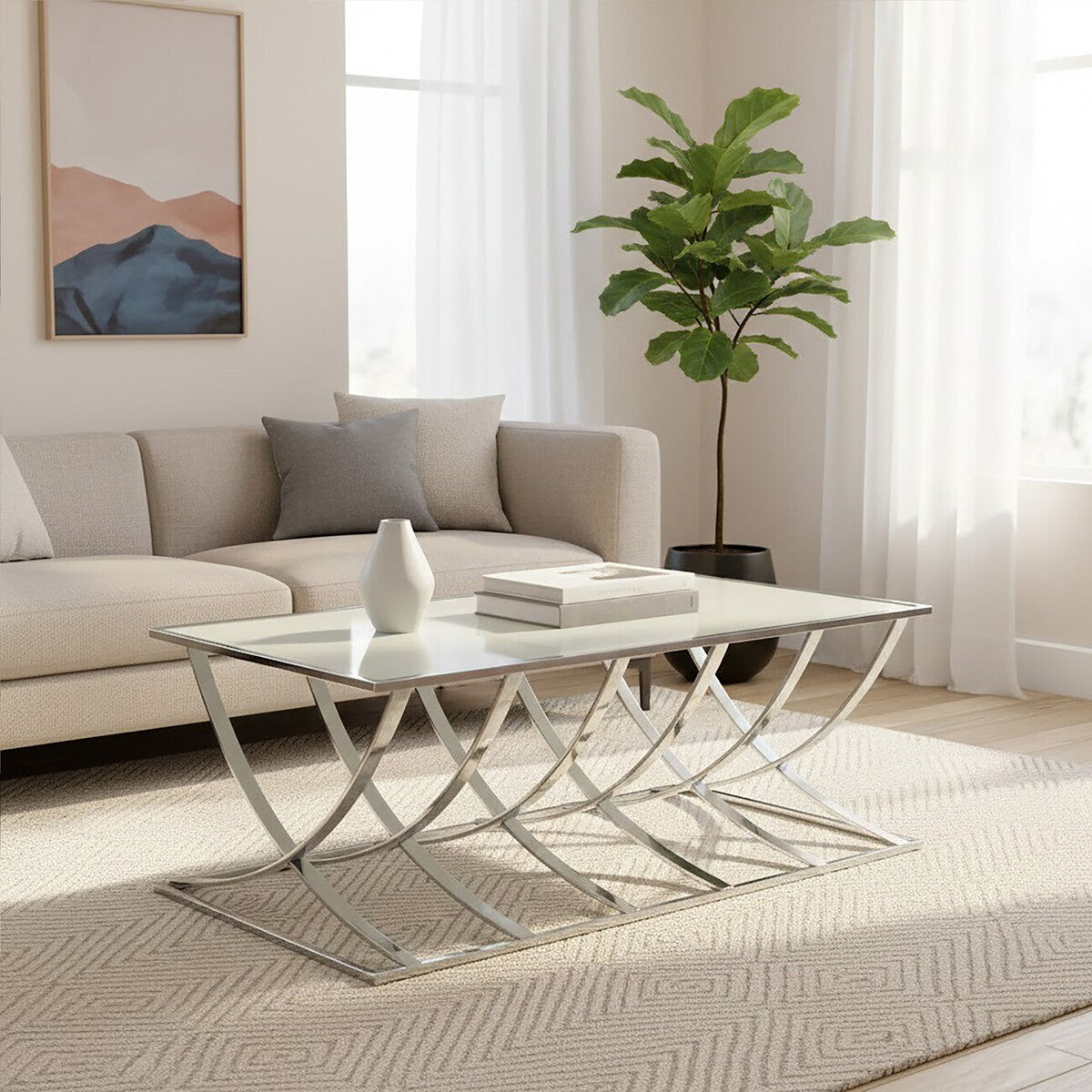 Silver Mirrored Top Coffee Table With Chrome Sweeping Stainless Steel Frame, Reena