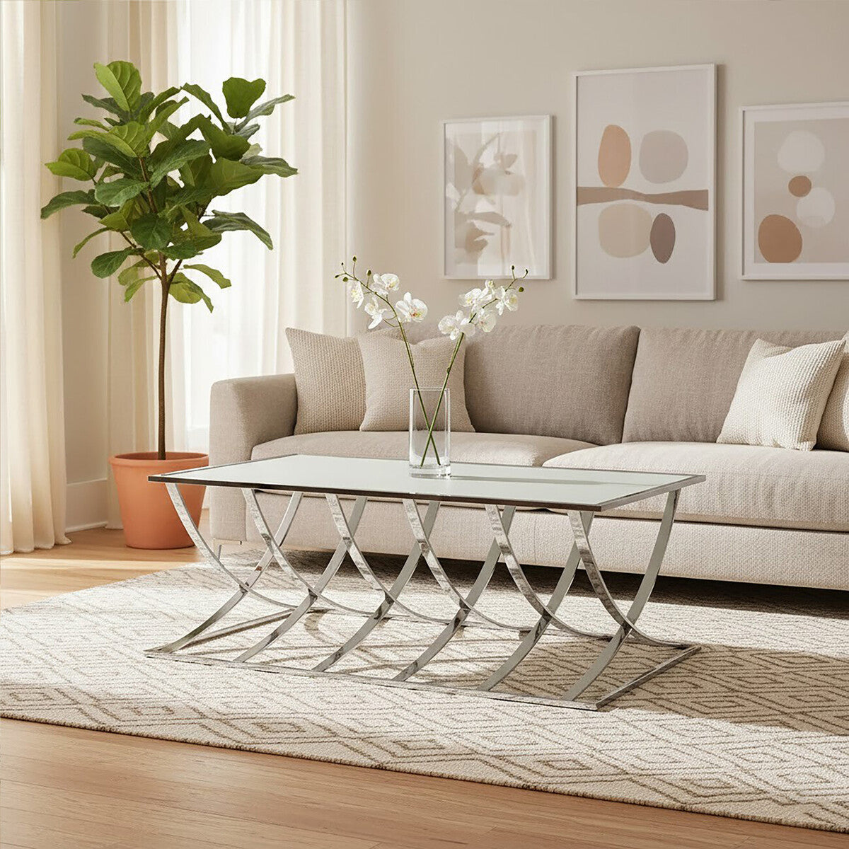 Silver Mirrored Top Coffee Table With Chrome Sweeping Stainless Steel Frame, Reena