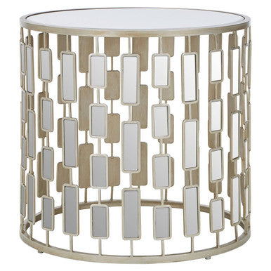 Small Round Mirrored Glass Top Side Table With Champagne Silver Iron Frame, Raina