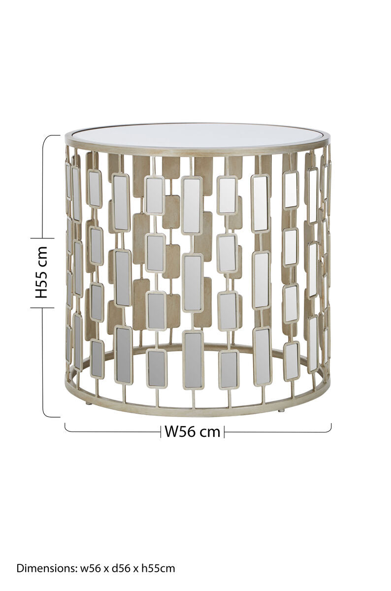Small Round Mirrored Glass Top Side Table With Champagne Silver Iron Frame, Raina
