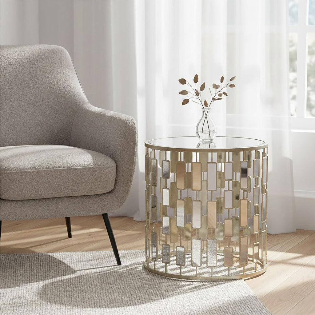 Small Round Mirrored Glass Top Side Table With Champagne Silver Iron Frame, Raina
