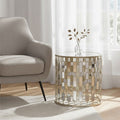 Small Round Mirrored Glass Top Side Table With Champagne Silver Iron Frame, Raina