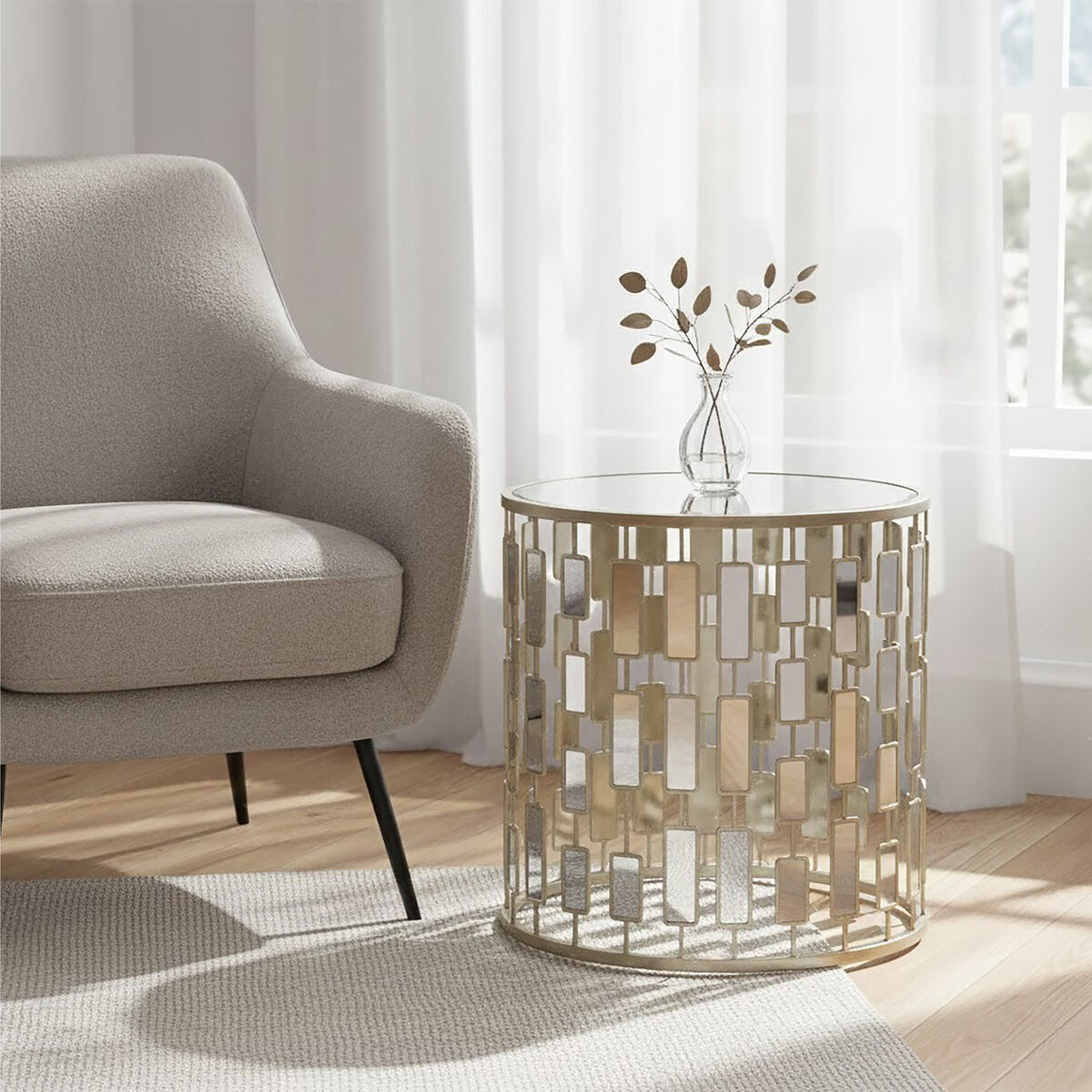 Small Round Mirrored Glass Top Side Table With Champagne Silver Iron Frame, Raina