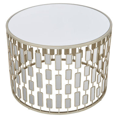 Large Round Mirrored Glass Top Side Table With Champagne Silver Iron Frame, Raina