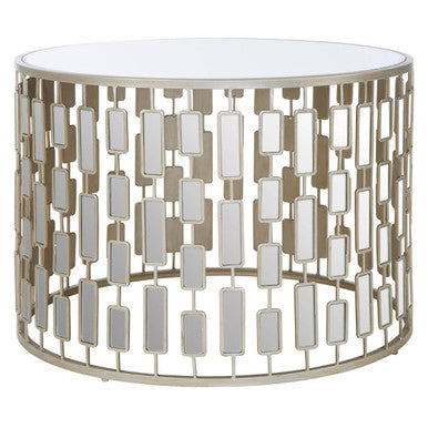 Large Round Mirrored Glass Top Side Table With Champagne Silver Iron Frame, Raina