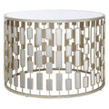 Large Round Mirrored Glass Top Side Table With Champagne Silver Iron Frame, Raina