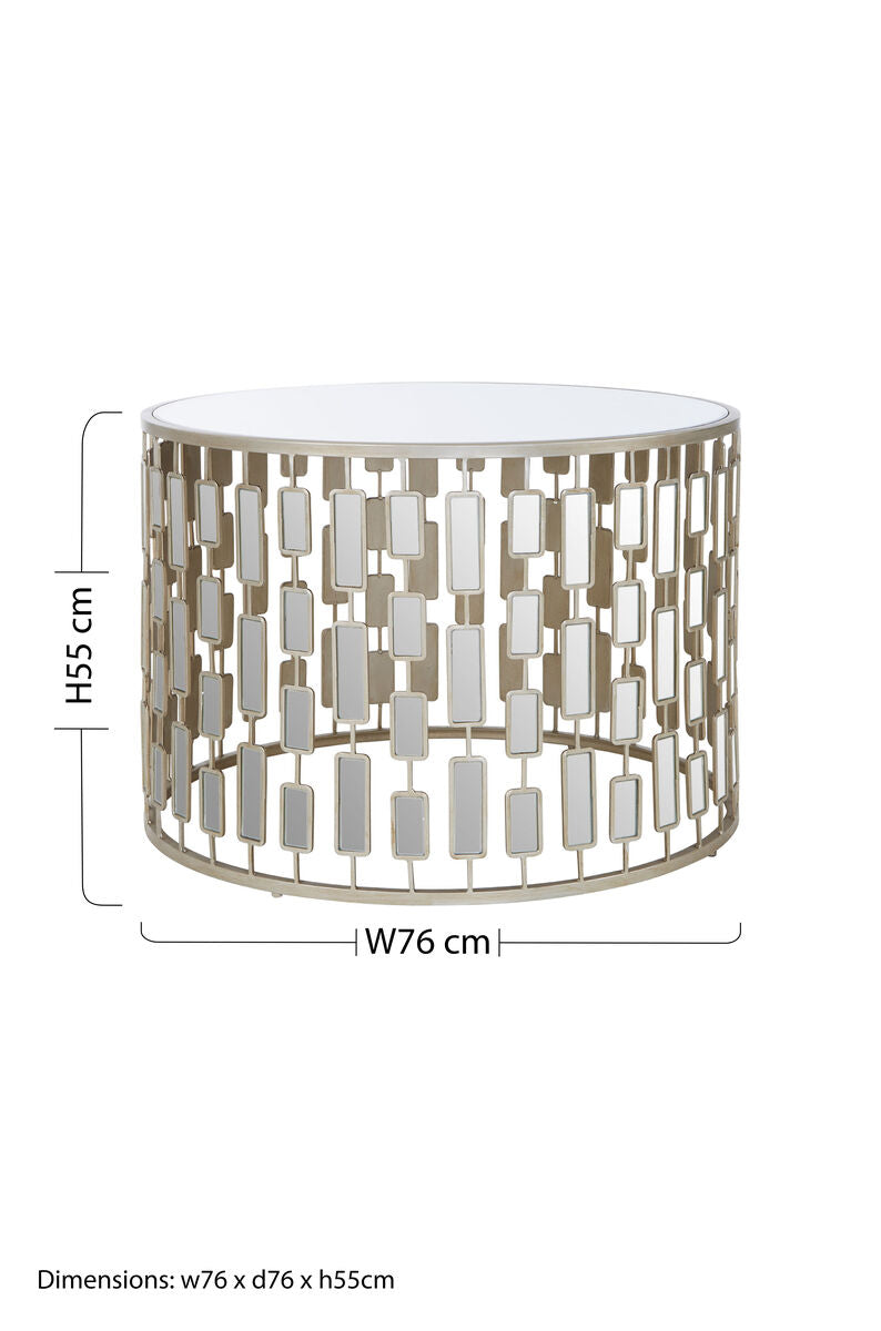 Large Round Mirrored Glass Top Side Table With Champagne Silver Iron Frame, Raina