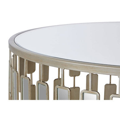 Large Round Mirrored Glass Top Side Table With Champagne Silver Iron Frame, Raina