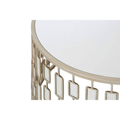 Large Round Mirrored Glass Top Side Table With Champagne Silver Iron Frame, Raina