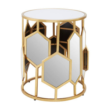 Gold Iron Frame Side Table With Round Mirrored Top, Rio