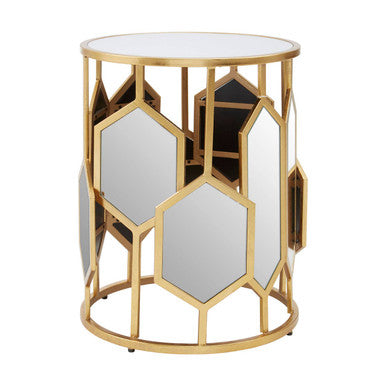 Gold Iron Frame Side Table With Round Mirrored Top, Rio