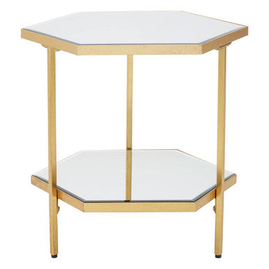 Gold 2-Tier Side Table With Hexagonal Mirrored Glass Shelves, Rio
