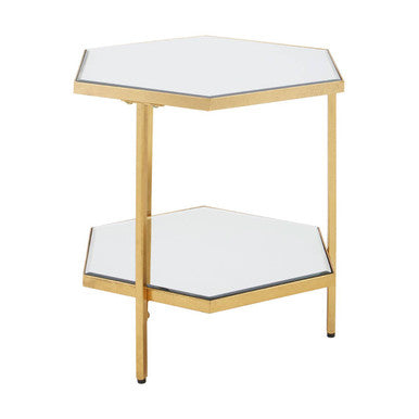 Gold 2-Tier Side Table With Hexagonal Mirrored Glass Shelves, Rio
