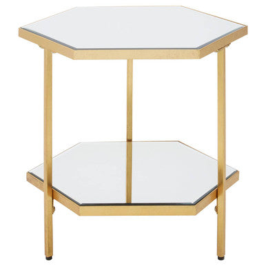 Gold 2-Tier Side Table With Hexagonal Mirrored Glass Shelves, Rio