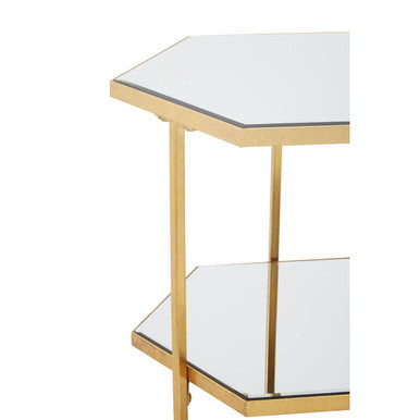 Gold 2-Tier Side Table With Hexagonal Mirrored Glass Shelves, Rio