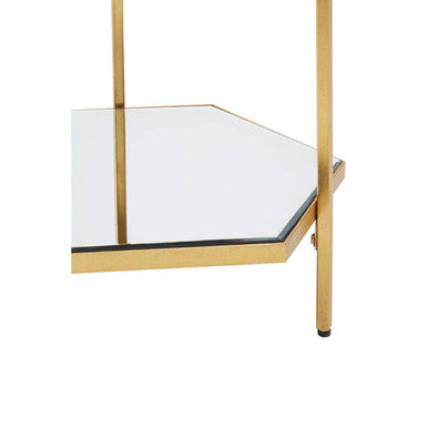 Gold 2-Tier Side Table With Hexagonal Mirrored Glass Shelves, Rio