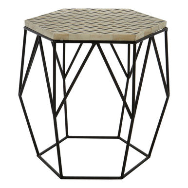 Black & White Resin Hexagon Side Table With Black Wireframe Base, Harlo
