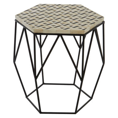 Black & White Resin Hexagon Side Table With Black Wireframe Base, Harlo