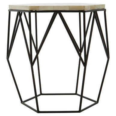 Black & White Resin Hexagon Side Table With Black Wireframe Base, Harlo