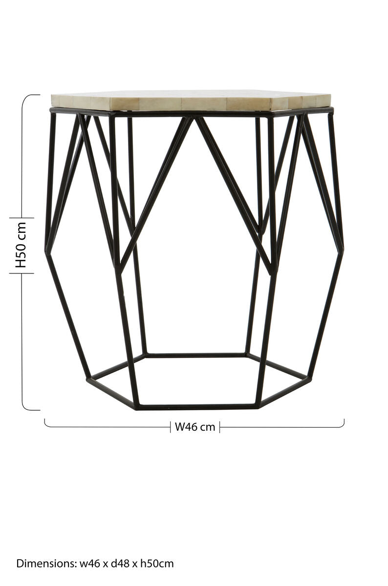 Black & White Resin Hexagon Side Table With Black Wireframe Base, Harlo