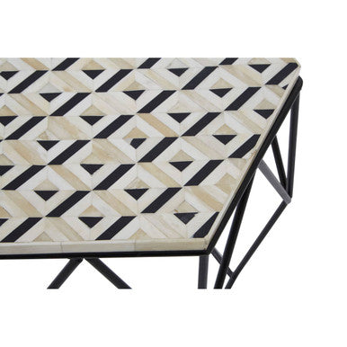 Black & White Resin Hexagon Side Table With Black Wireframe Base, Harlo