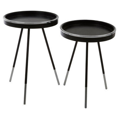 Black & Silver Set Of 2 Side Tables With Raised Rim Tops & Silver Leg Tips, Halle