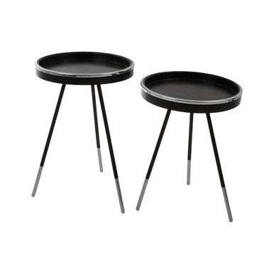 Black & Silver Set Of 2 Side Tables With Raised Rim Tops & Silver Leg Tips, Halle