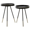 Black & Silver Set Of 2 Side Tables With Raised Rim Tops & Silver Leg Tips, Halle