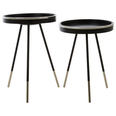 Black & Silver Set Of 2 Side Tables With Raised Rim Tops & Silver Leg Tips, Halle