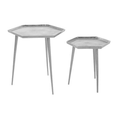 Silver Set Of 2 Hexagonal Side Tables With Textured Tops & Splayed Legs, Halle